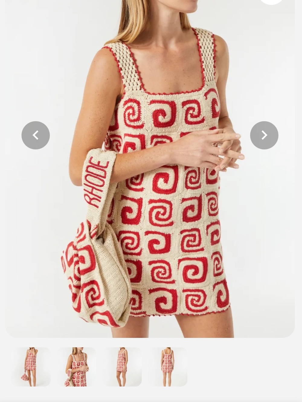 Rhode Size Small Crocheted Cream & Red Square-Pattern Mini Dress